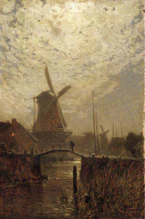 Walter Moras A figure crossing a bridge over a Dutch waterway by moonlight Germany oil painting art